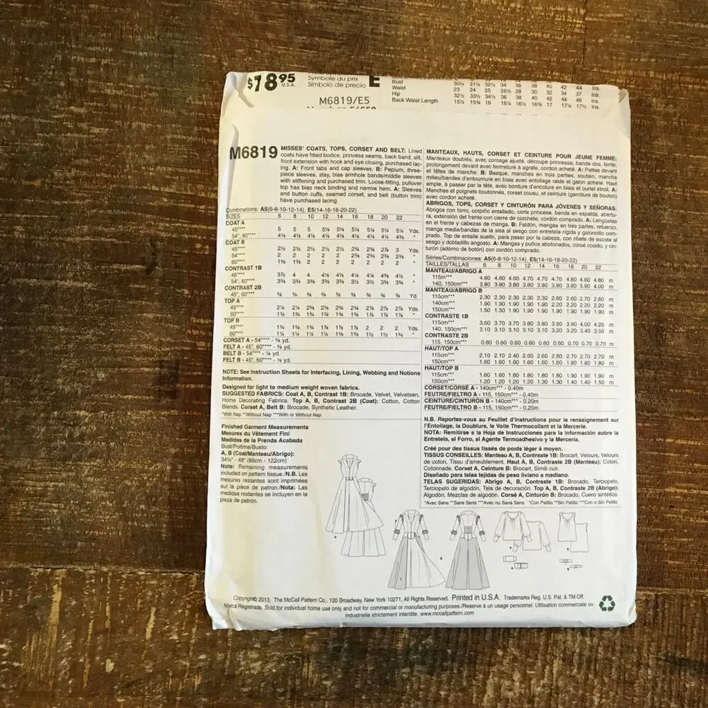 McCalls Sewing Pattern 6819 Snow White Cosplay Coat Corset Belt 14-22 UNCUT OUAT